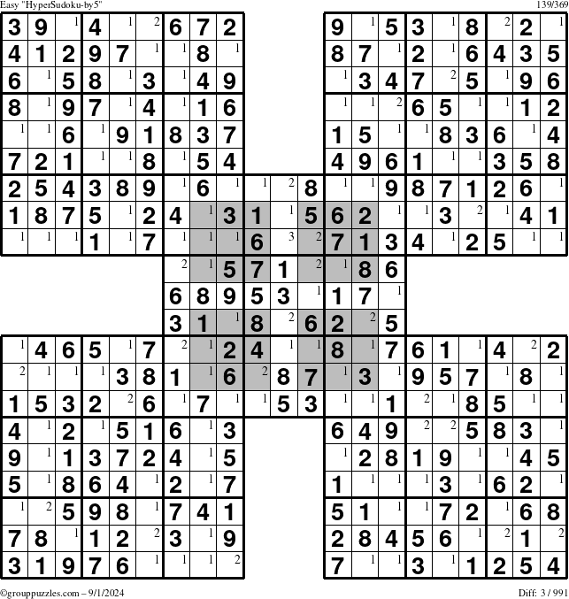 The grouppuzzles.com Easy HyperSudoku-by5 puzzle for Sunday September 1, 2024 with the first 3 steps marked