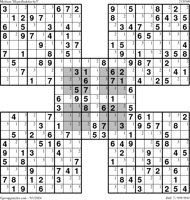 The grouppuzzles.com Medium HyperSudoku-by5 puzzle for Sunday September 1, 2024 with the first 3 steps marked