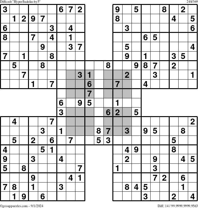 The grouppuzzles.com Difficult HyperSudoku-by5 puzzle for Sunday September 1, 2024