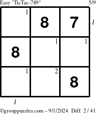 The grouppuzzles.com Easy TicTac-789 puzzle for Sunday September 1, 2024 with all 2 steps marked