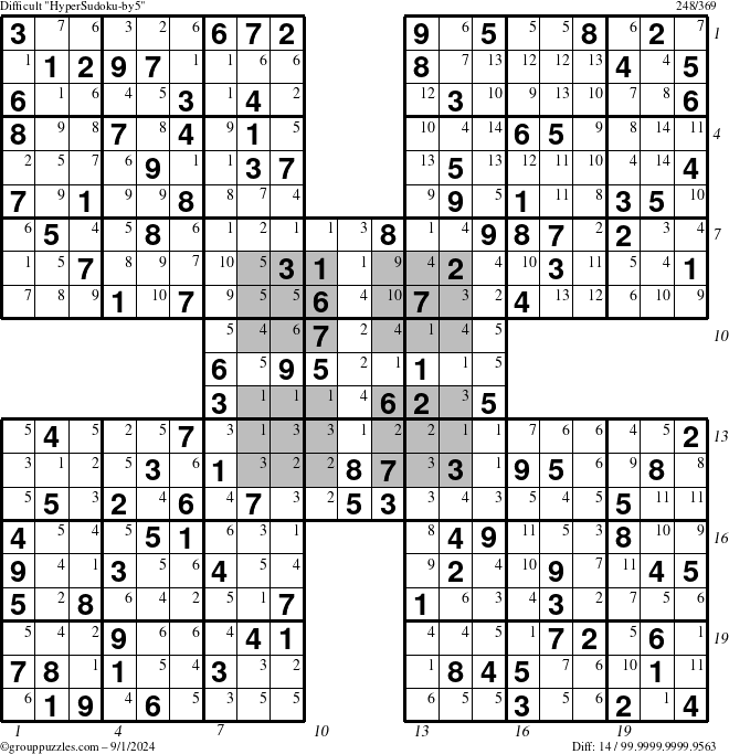 The grouppuzzles.com Difficult HyperSudoku-by5 puzzle for Sunday September 1, 2024, suitable for printing, with all 14 steps marked