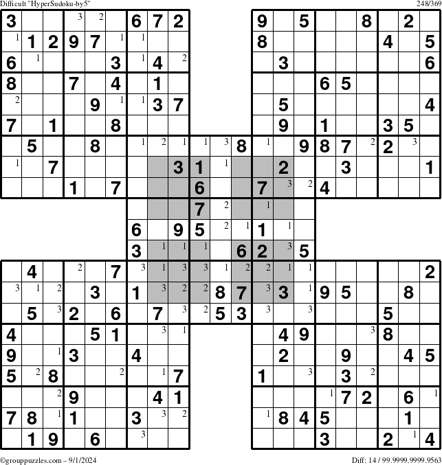 The grouppuzzles.com Difficult HyperSudoku-by5 puzzle for Sunday September 1, 2024 with the first 3 steps marked