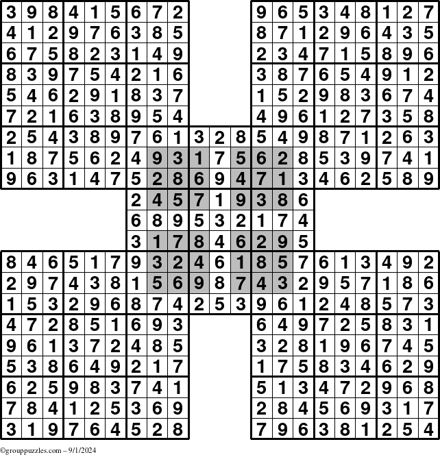 The grouppuzzles.com Answer grid for the HyperSudoku-by5 puzzle for Sunday September 1, 2024