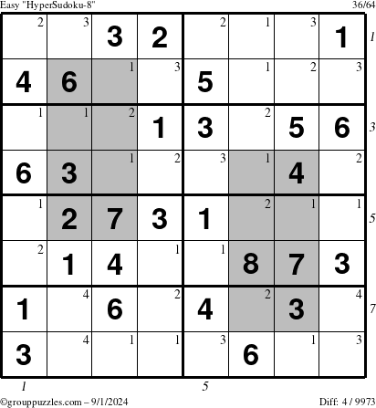 The grouppuzzles.com Easy HyperSudoku-8 puzzle for Sunday September 1, 2024 with all 4 steps marked