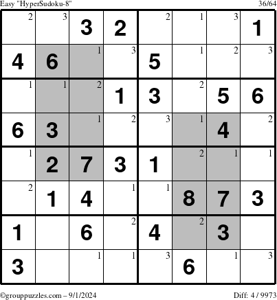 The grouppuzzles.com Easy HyperSudoku-8 puzzle for Sunday September 1, 2024 with the first 3 steps marked