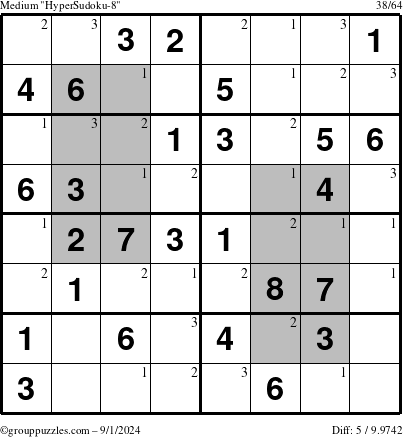 The grouppuzzles.com Medium HyperSudoku-8 puzzle for Sunday September 1, 2024 with the first 3 steps marked