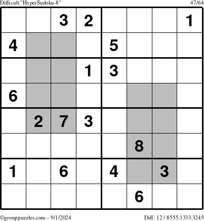 The grouppuzzles.com Difficult HyperSudoku-8 puzzle for Sunday September 1, 2024