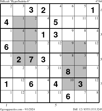 The grouppuzzles.com Difficult HyperSudoku-8 puzzle for Sunday September 1, 2024 with all 12 steps marked