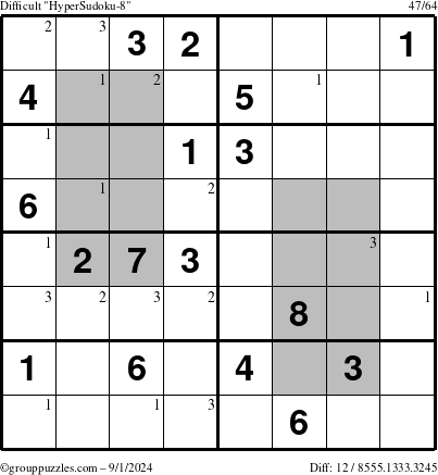 The grouppuzzles.com Difficult HyperSudoku-8 puzzle for Sunday September 1, 2024 with the first 3 steps marked