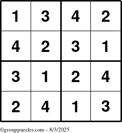 The grouppuzzles.com Answer grid for the Sudoku-4 puzzle for Sunday August 3, 2025