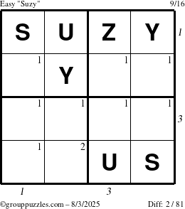 The grouppuzzles.com Easy Suzy puzzle for Sunday August 3, 2025 with all 2 steps marked