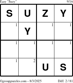 The grouppuzzles.com Easy Suzy puzzle for Sunday August 3, 2025 with the first 2 steps marked
