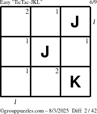 The grouppuzzles.com Easy TicTac-JKL puzzle for Sunday August 3, 2025 with all 2 steps marked