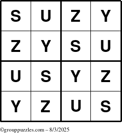 The grouppuzzles.com Answer grid for the Suzy puzzle for Sunday August 3, 2025