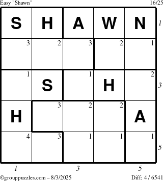 The grouppuzzles.com Easy Shawn puzzle for Sunday August 3, 2025 with all 4 steps marked
