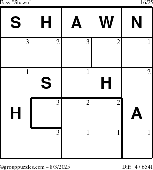 The grouppuzzles.com Easy Shawn puzzle for Sunday August 3, 2025 with the first 3 steps marked