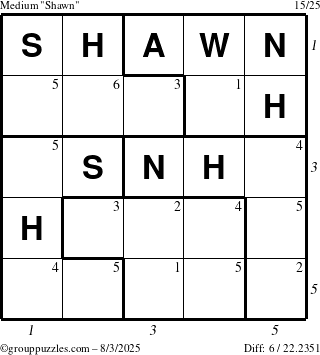 The grouppuzzles.com Medium Shawn puzzle for Sunday August 3, 2025 with all 6 steps marked