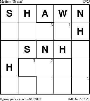 The grouppuzzles.com Medium Shawn puzzle for Sunday August 3, 2025 with the first 3 steps marked