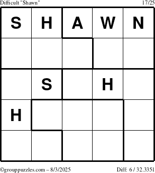 The grouppuzzles.com Difficult Shawn puzzle for Sunday August 3, 2025