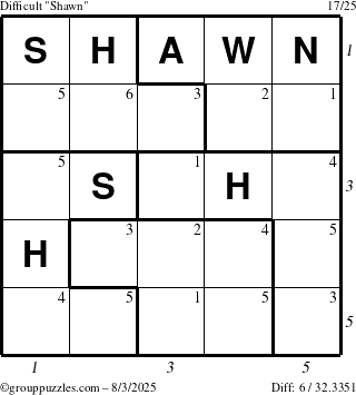 The grouppuzzles.com Difficult Shawn puzzle for Sunday August 3, 2025 with all 6 steps marked