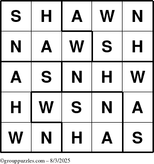 The grouppuzzles.com Answer grid for the Shawn puzzle for Sunday August 3, 2025