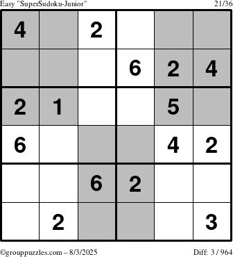 The grouppuzzles.com Easy SuperSudoku-Junior puzzle for Sunday August 3, 2025
