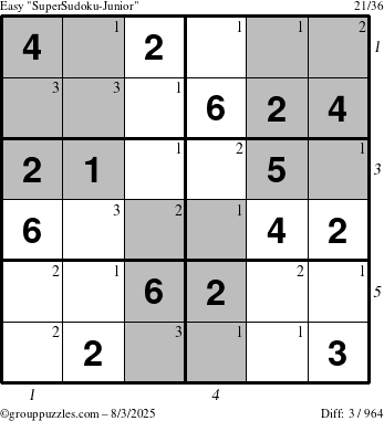 The grouppuzzles.com Easy SuperSudoku-Junior puzzle for Sunday August 3, 2025 with all 3 steps marked