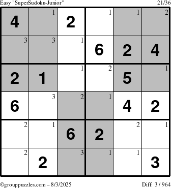 The grouppuzzles.com Easy SuperSudoku-Junior puzzle for Sunday August 3, 2025 with the first 3 steps marked