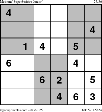 The grouppuzzles.com Medium SuperSudoku-Junior puzzle for Sunday August 3, 2025