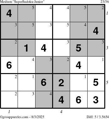The grouppuzzles.com Medium SuperSudoku-Junior puzzle for Sunday August 3, 2025 with all 5 steps marked