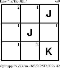The grouppuzzles.com Easy TicTac-JKL puzzle for Sunday August 3, 2025 with the first 2 steps marked