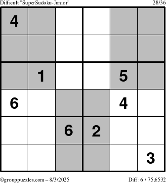 The grouppuzzles.com Difficult SuperSudoku-Junior puzzle for Sunday August 3, 2025