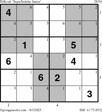 The grouppuzzles.com Difficult SuperSudoku-Junior puzzle for Sunday August 3, 2025 with all 6 steps marked