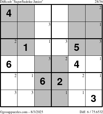The grouppuzzles.com Difficult SuperSudoku-Junior puzzle for Sunday August 3, 2025 with the first 3 steps marked