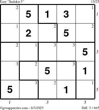 The grouppuzzles.com Easy Sudoku-5 puzzle for Sunday August 3, 2025 with all 3 steps marked