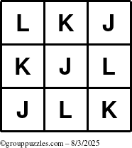 The grouppuzzles.com Answer grid for the TicTac-JKL puzzle for Sunday August 3, 2025