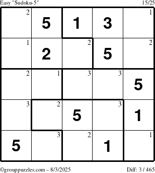 The grouppuzzles.com Easy Sudoku-5 puzzle for Sunday August 3, 2025 with the first 3 steps marked