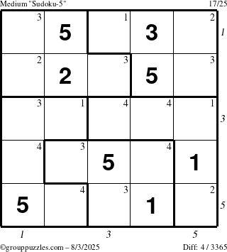 The grouppuzzles.com Medium Sudoku-5 puzzle for Sunday August 3, 2025 with all 4 steps marked