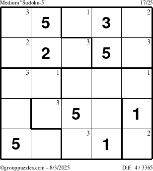 The grouppuzzles.com Medium Sudoku-5 puzzle for Sunday August 3, 2025 with the first 3 steps marked