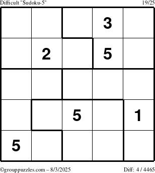 The grouppuzzles.com Difficult Sudoku-5 puzzle for Sunday August 3, 2025
