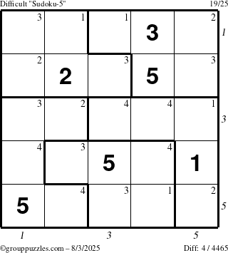 The grouppuzzles.com Difficult Sudoku-5 puzzle for Sunday August 3, 2025 with all 4 steps marked