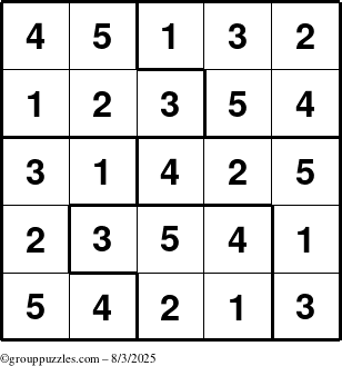 The grouppuzzles.com Answer grid for the Sudoku-5 puzzle for Sunday August 3, 2025