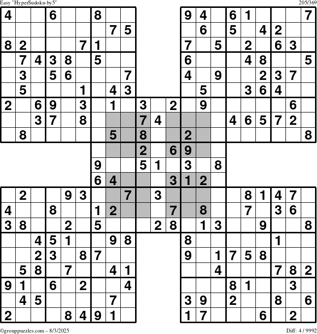 The grouppuzzles.com Easy HyperSudoku-by5 puzzle for Sunday August 3, 2025