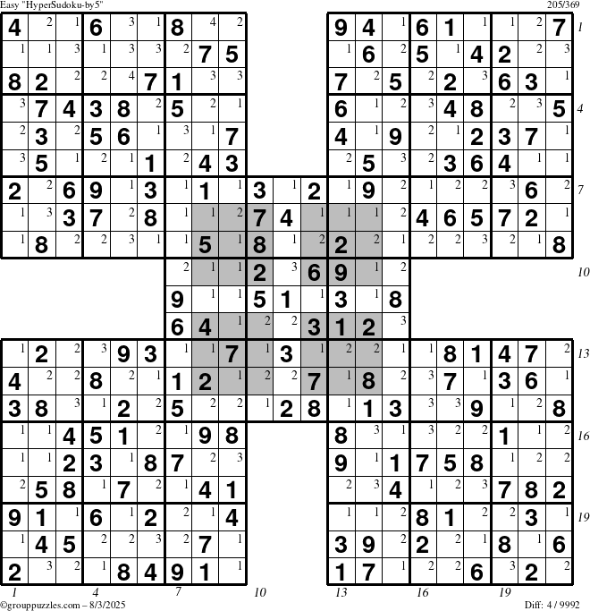 The grouppuzzles.com Easy HyperSudoku-by5 puzzle for Sunday August 3, 2025 with all 4 steps marked