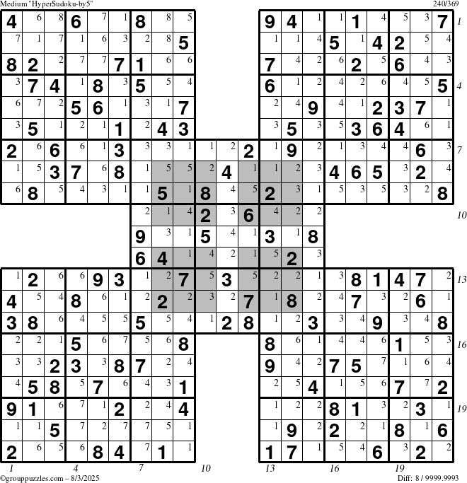 The grouppuzzles.com Medium HyperSudoku-by5 puzzle for Sunday August 3, 2025 with all 8 steps marked