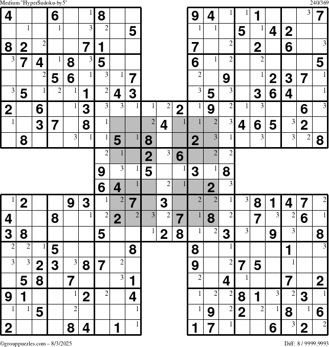 The grouppuzzles.com Medium HyperSudoku-by5 puzzle for Sunday August 3, 2025 with the first 3 steps marked