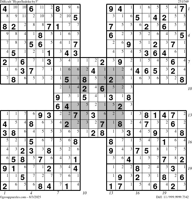 The grouppuzzles.com Difficult HyperSudoku-by5 puzzle for Sunday August 3, 2025 with all 11 steps marked