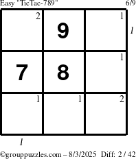 The grouppuzzles.com Easy TicTac-789 puzzle for Sunday August 3, 2025 with all 2 steps marked