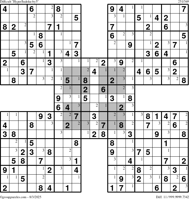 The grouppuzzles.com Difficult HyperSudoku-by5 puzzle for Sunday August 3, 2025 with the first 3 steps marked