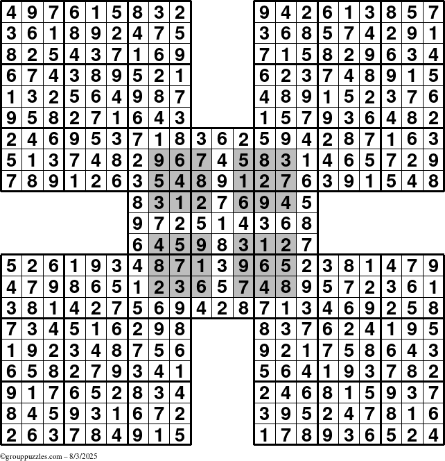 The grouppuzzles.com Answer grid for the HyperSudoku-by5 puzzle for Sunday August 3, 2025